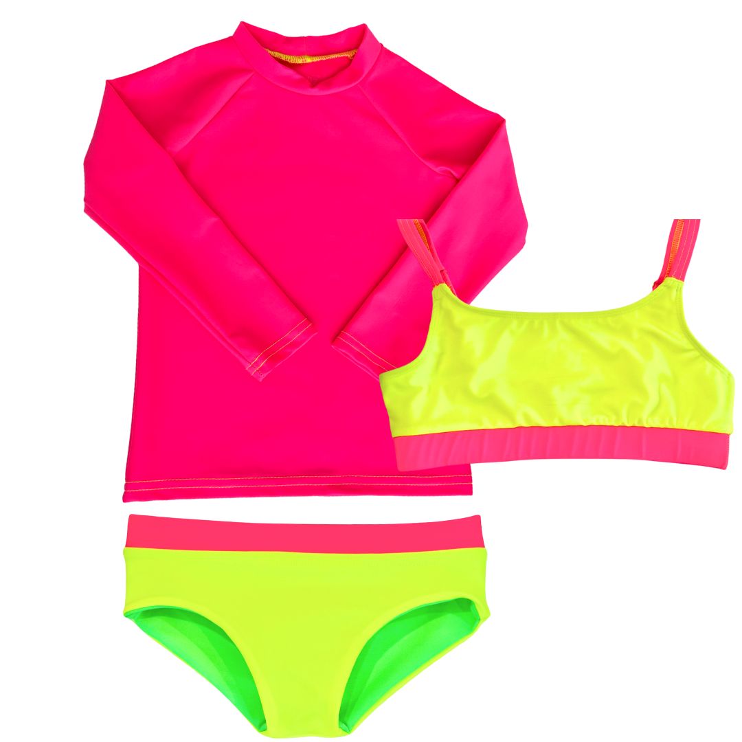 A three-piece swimsuit for girls, featuring a bright neon pink long-sleeve top, neon yellow bikini bottoms with a pink waistband, and a reversible bikini top with neon yellow on one side and neon green on the reverse.